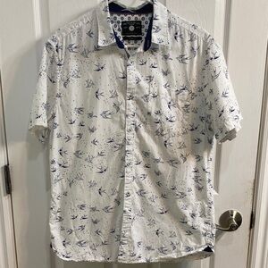 Denim & Flower Bird Swallow Short Sleeve Button Down Shirt Cotton Men’s Large